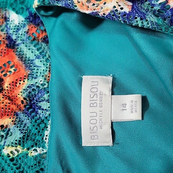 NWOT Bisou Bisou 14 Teal and Orange Floral Midi Dress - Picture 2 of 6